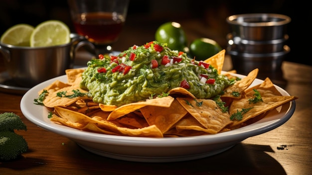 um prato de nachos com guacamole e abacate.