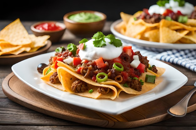 Um prato de nachos com uma tigela de creme azedo e uma tigela de creme azedo.