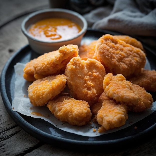 Um prato de nuggets de frango com uma tigela de molho de laranja.