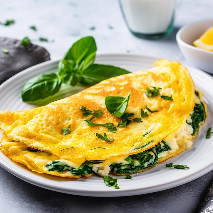 Foto um prato de omelete com um prato de omelete e espinafre