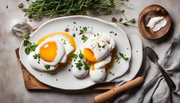 Foto um prato de ovos com uma colher de madeira e uma colheita de madeira nele