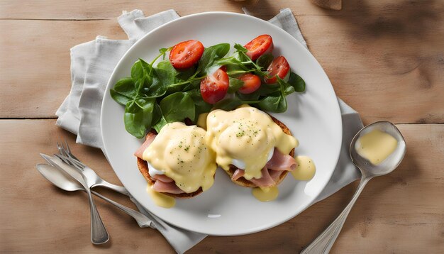 Foto um prato de ovos, ovos e bacon com morangos