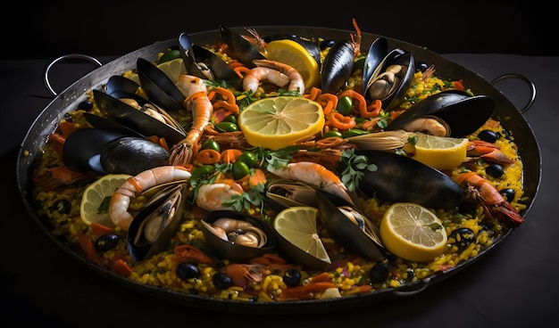 Foto um prato de paella com camarões, mexilhões e outros frutos do mar.