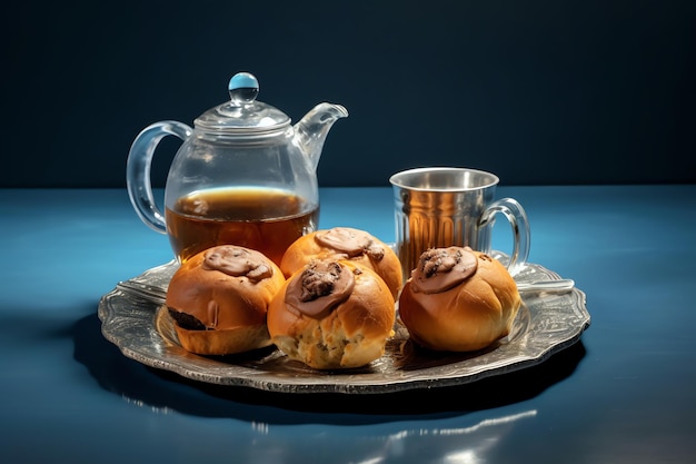 Um prato de pães com uma xícara de café e um bule em uma mesa azul.