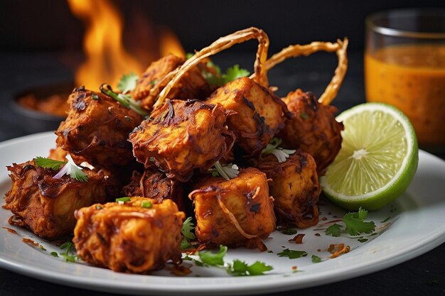 Um prato de paneer tikka servido com cebola crocante bha