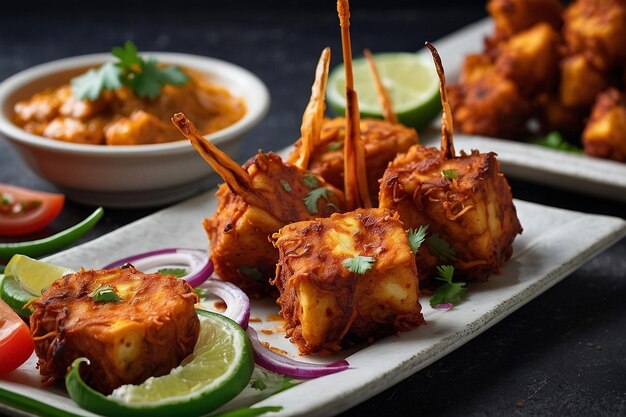 Foto um prato de paneer tikka servido com cebola crocante bha