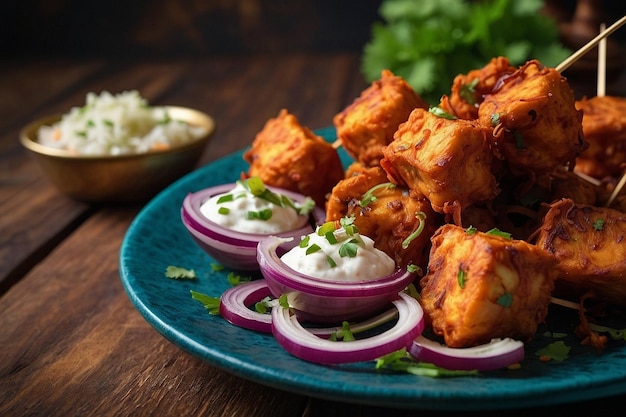 Foto um prato de paneer tikka servido com cebola crocante bha