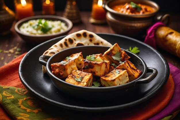 Um prato de paneer tikka servido com naan de alho quente