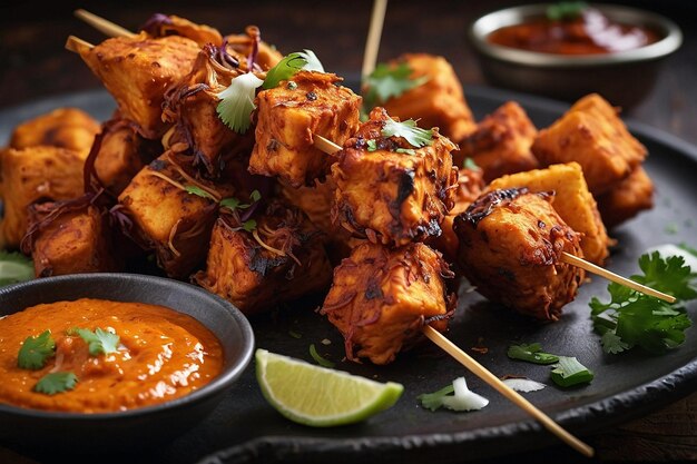 Um prato de paneer tikka servido com um pak de cebola crocante