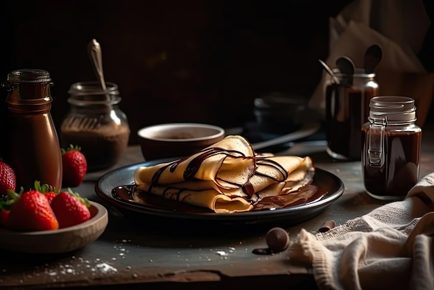 Um prato de panquecas cobertas de chocolate com calda de chocolate e uma tigela de calda de chocolate.