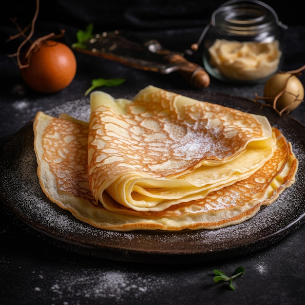 Um prato de panquecas com açúcar de confeiteiro branco por cima.