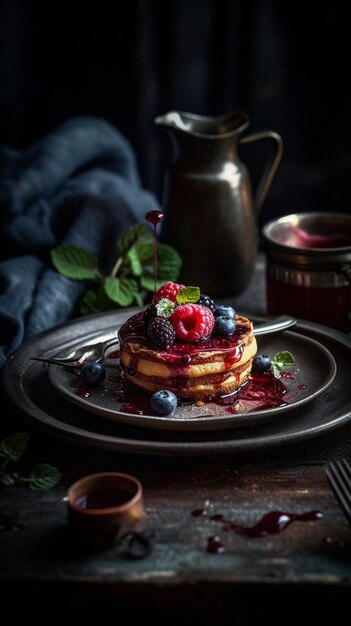 Um prato de panquecas com frutas e mirtilos