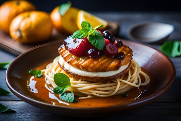 Foto um prato de panquecas com frutas e uma lata de refrigerante