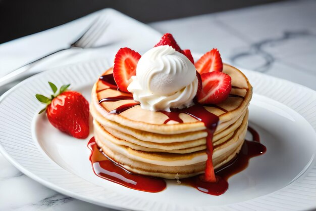 Um prato de panquecas com morangos e creme por cima