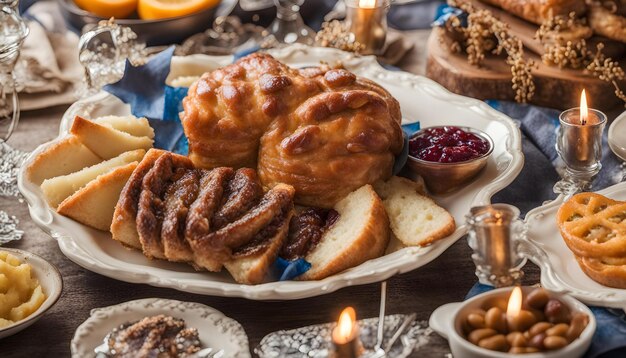 um prato de pão pão e uma vela que diz mel