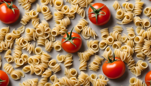 um prato de pasta com tomates e um tomate nele