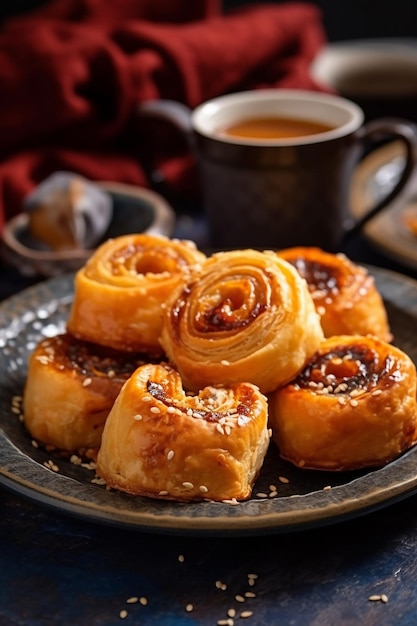 Um prato de pastéis com uma xícara de chá ao fundo.