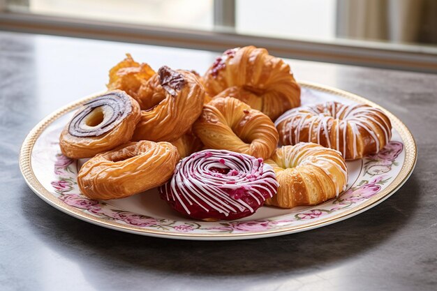 Foto um prato de pastelarias francesas variadas, incluindo eclairs e palmiers