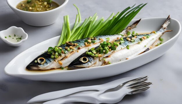 Foto um prato de peixe com ervilhas e arroz