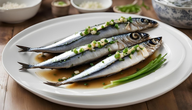 Foto um prato de peixe com feijão verde e um molho castanho