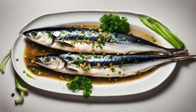 um prato de peixe com uma cebola verde e um molho castanho