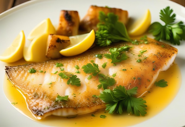 Foto um prato de peixe com uma cunha de limão e um pouco de salsa