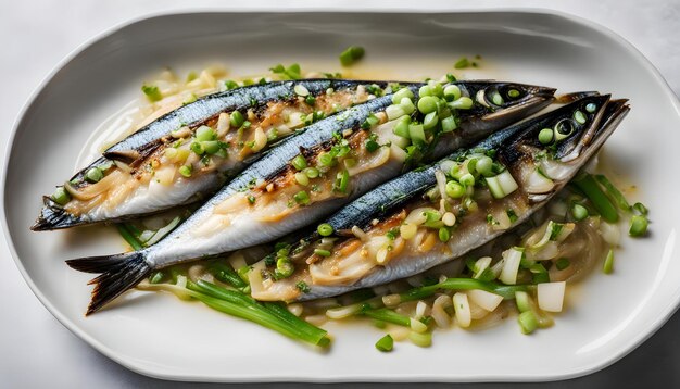 Foto um prato de peixe com vegetais e arroz