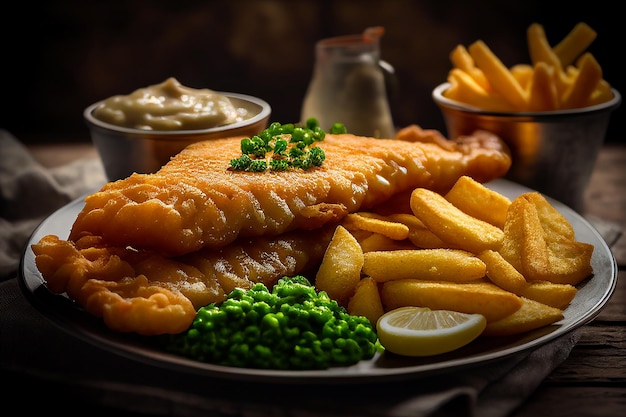 Um prato de peixe e batatas fritas com um lado de ketchup