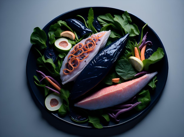 Um prato de peixe e legumes com um prato preto.