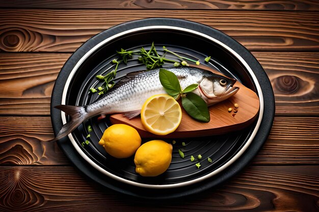 Um prato de peixe e limões em uma mesa de madeira.