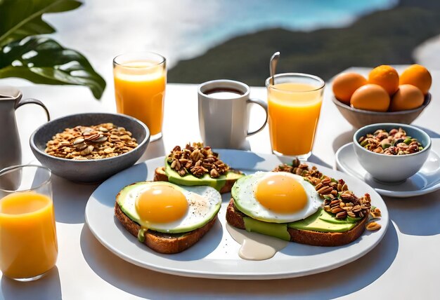 um prato de pequeno-almoço com ovos, abacate, abacate e suco de laranja