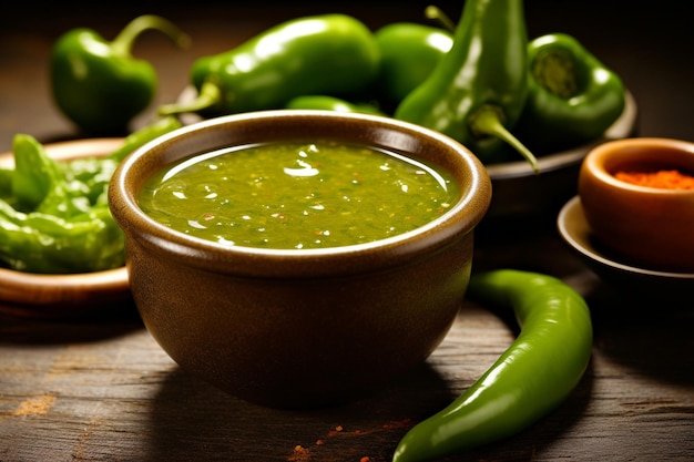 Foto um prato de pimentas jalapeno está em uma mesa com uma tigela de molho