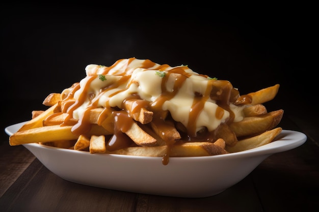 Um prato de poutine com molho marrom e molho de queijo.