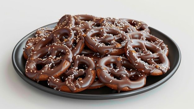 Um prato de pretzels com ponta de chocolate estilo d objetos voadores isolados estilo memphis d render ilustração gerada por IA