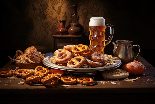 um prato de pretzels e uma cerveja estão sobre a mesa