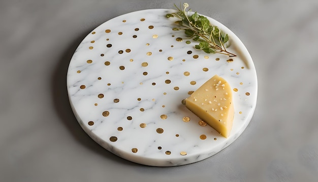 um prato de queijo com um pedaço de queijo e um pedaça de alecrim