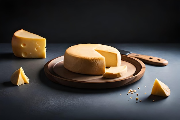 Um prato de queijo com uma faca ao lado e um pedaço de queijo gerado por ai