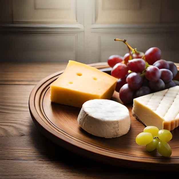 Um prato de queijo e uvas com um cacho de uvas.