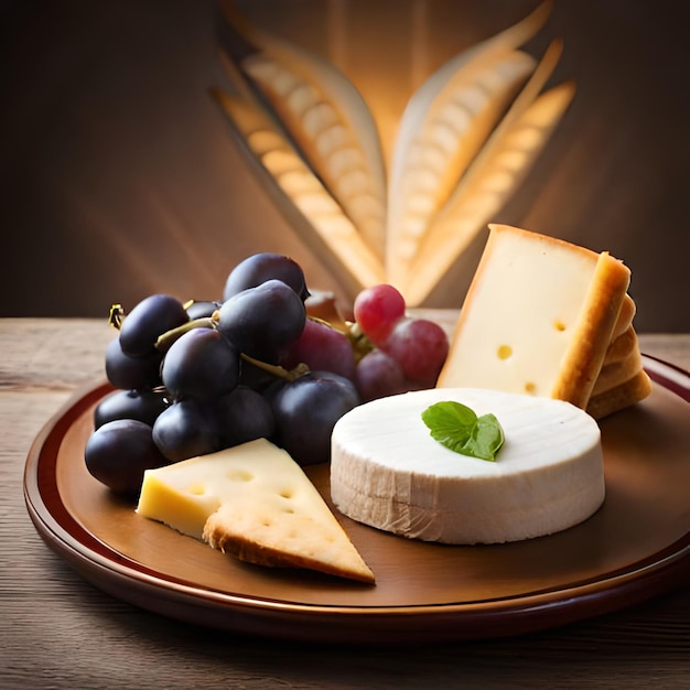 Um prato de queijo e uvas com uma folha