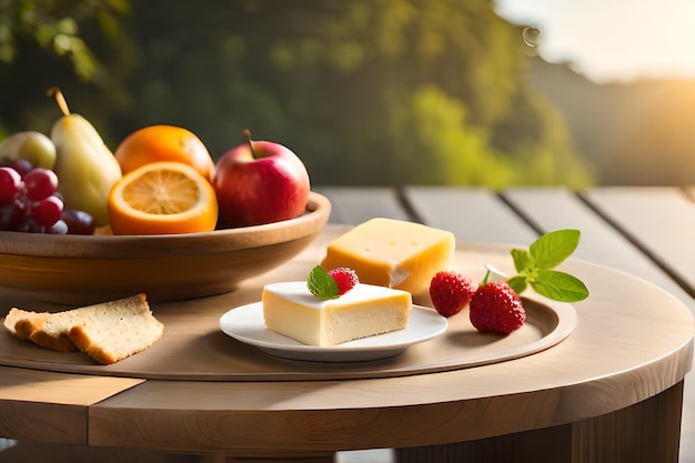 um prato de queijo, frutas e queijo em uma mesa.
