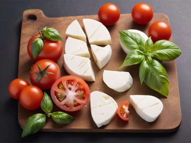 um prato de queijos com tomates queijo e tomates