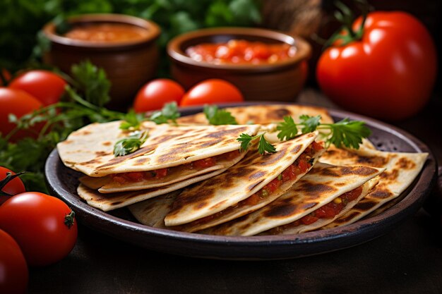 Um prato de quesadillas com tomates ao lado