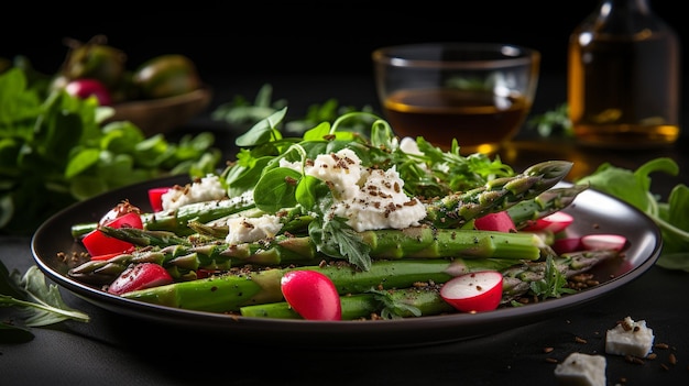 Um prato de rabanete e salada de espargos com papel de parede UHD branqueado Imagem fotográfica