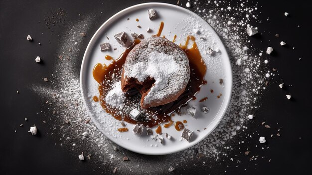 Um prato de rosquinhas de chocolate com açúcar de confeiteiro por cima