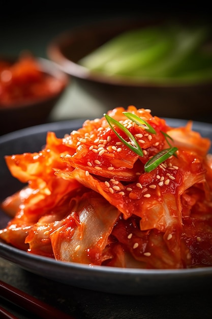 Foto um prato de saboroso kimchi coreano com um enfeite verde por cima