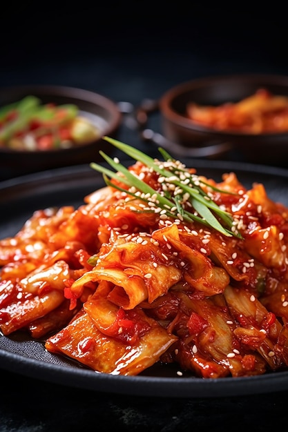 Um prato de saboroso kimchi coreano com um enfeite verde por cima