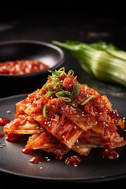 Um prato de saboroso kimchi coreano com um enfeite verde por cima