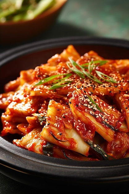 Um prato de saboroso kimchi coreano com um enfeite verde por cima