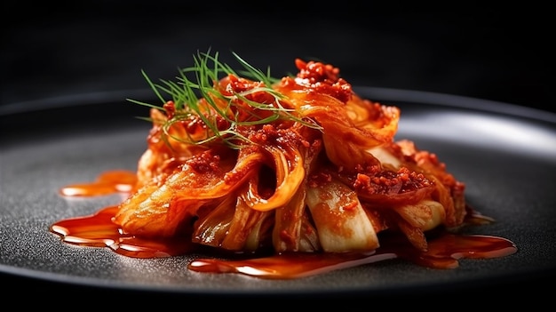 Um prato de saboroso kimchi coreano com um enfeite verde por cima