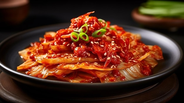 Um prato de saboroso kimchi coreano com um enfeite verde por cima